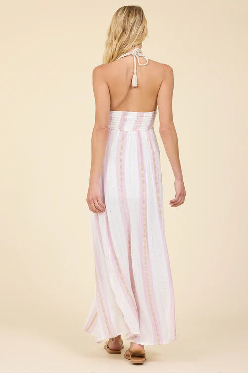 gold and pink maxi dress Pink Dust and Gold Shimmer Stripes Halter Maxi Dress L
