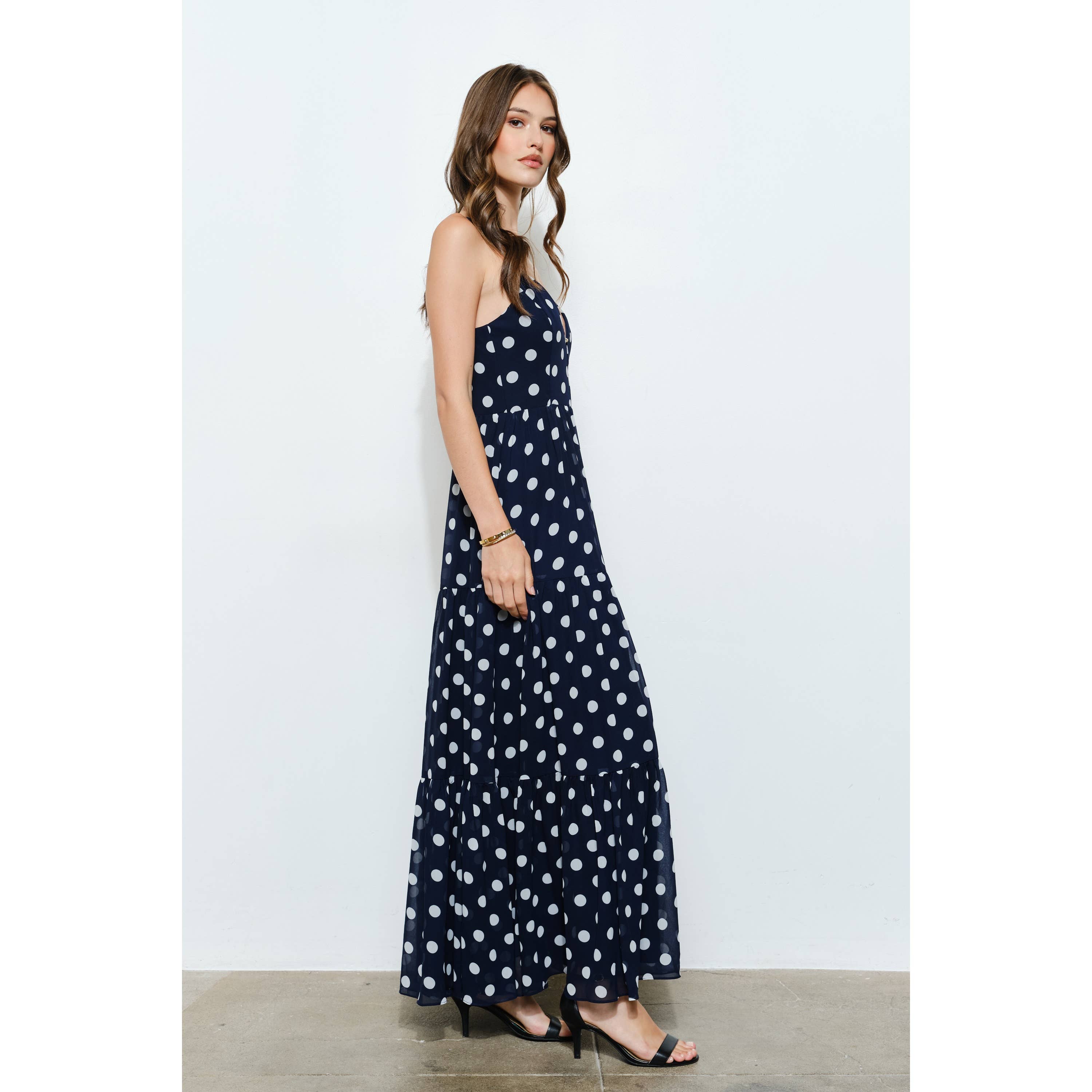 Navy/white polka dot tiered maxi dress, perfect for summer brunches, women's boutique clothing, and new arrivals.