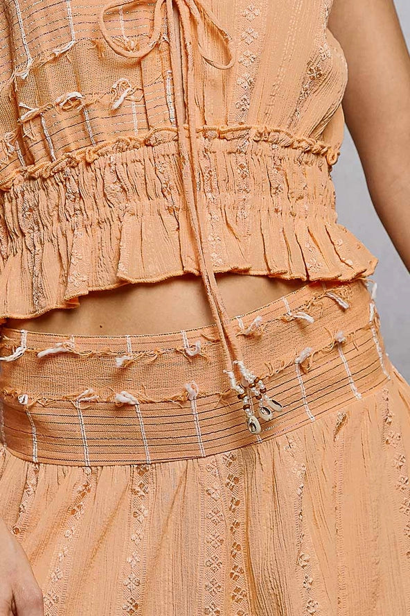 Apricot Textured Tie-Front Smocked Peplum Cami