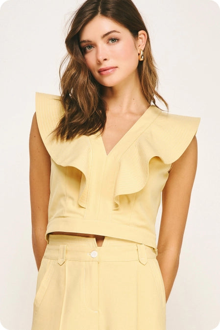 Butter Scotch Ruffle V-Neck Stitch  Detail Top