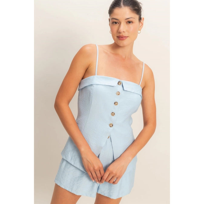 Strap Buttoned Top And Shorts Set