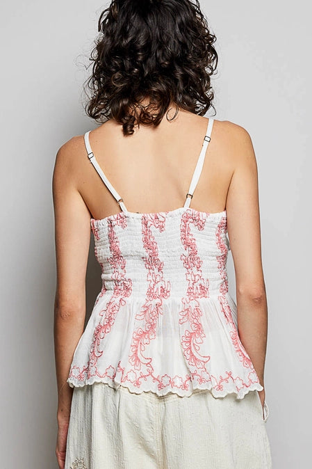 Embroidered V-Neck Smocked Viscose Sleeveless Fitted Top