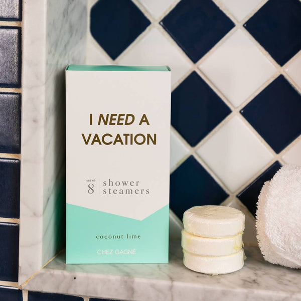 I Need a Vacation shower steamers set of 8 by Chez Gagné, coconut lime scent, perfect gift for women's boutique lovers.
