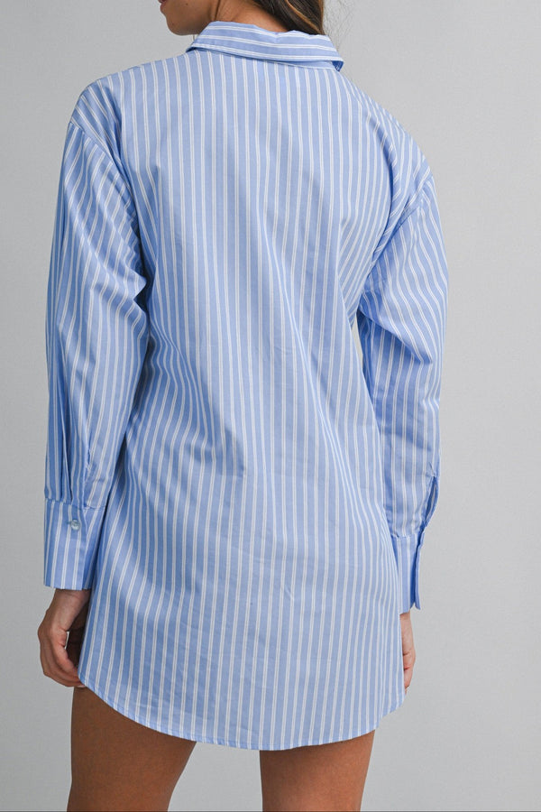 Striped Button Down Shirt Dress with Front Wrap