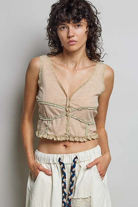 V-neck Sleeveless Top in Ribbed Knit Lace Trim