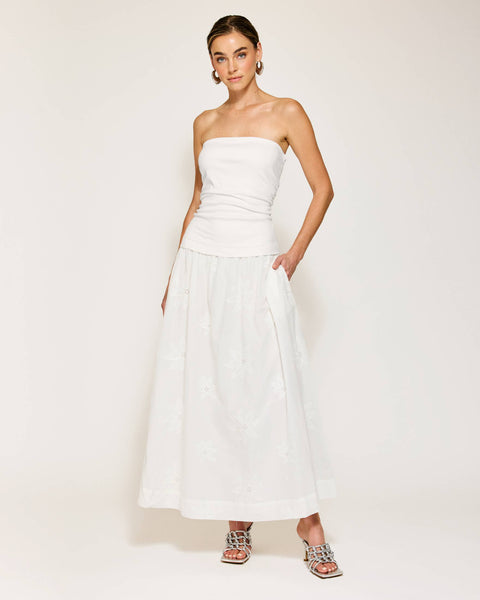 Emberly Mix-Media Strapless White Dress from women's boutique clothing, perfect for resort wear and summer collection.