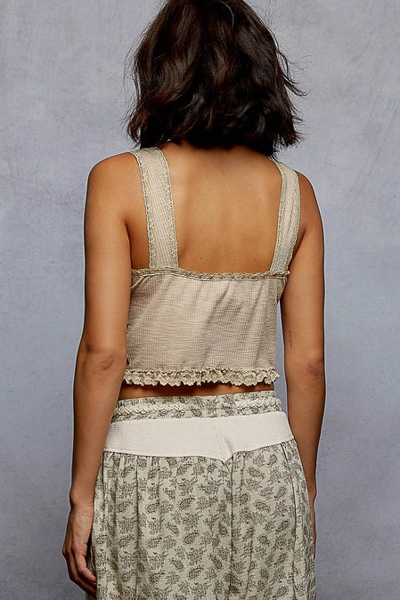 V-neck Sleeveless Top in Ribbed Knit Lace Trim