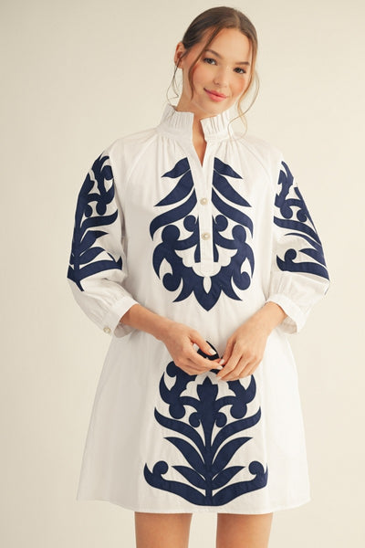 Baroque Applique Shift Dress White & Blue