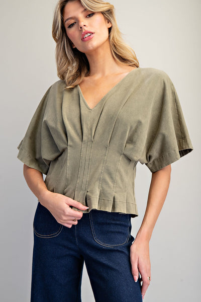 Mineral Wash V-Neck Pleated Waist Top