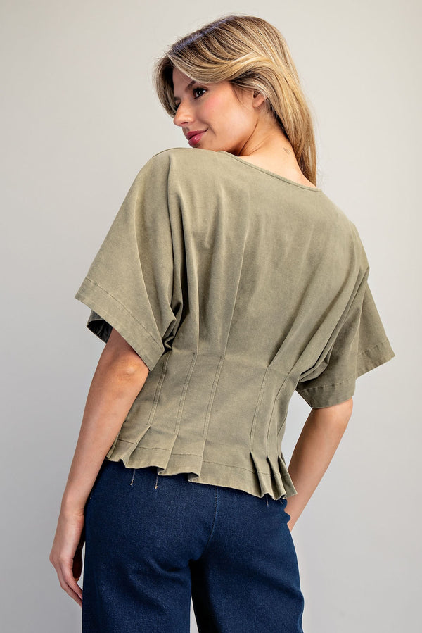 Mineral Wash V-Neck Pleated Waist Top