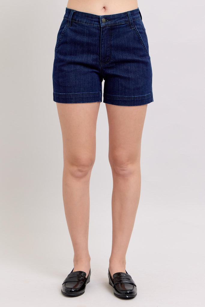 Women's boutique clothing: Hi waist dark blue trouser shorts, stylish summer fashion with casual comfort. Ideal for resort wear.