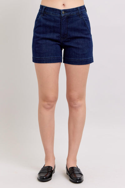 Women's boutique clothing: Hi waist dark blue trouser shorts, stylish summer fashion with casual comfort. Ideal for resort wear.