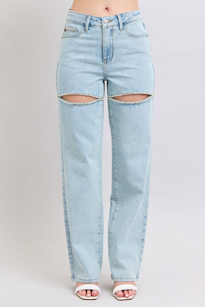 Hi Waist Rhinestone Slit Denim jeans, trendy women's boutique clothing, perfect for summer collection and new arrivals.