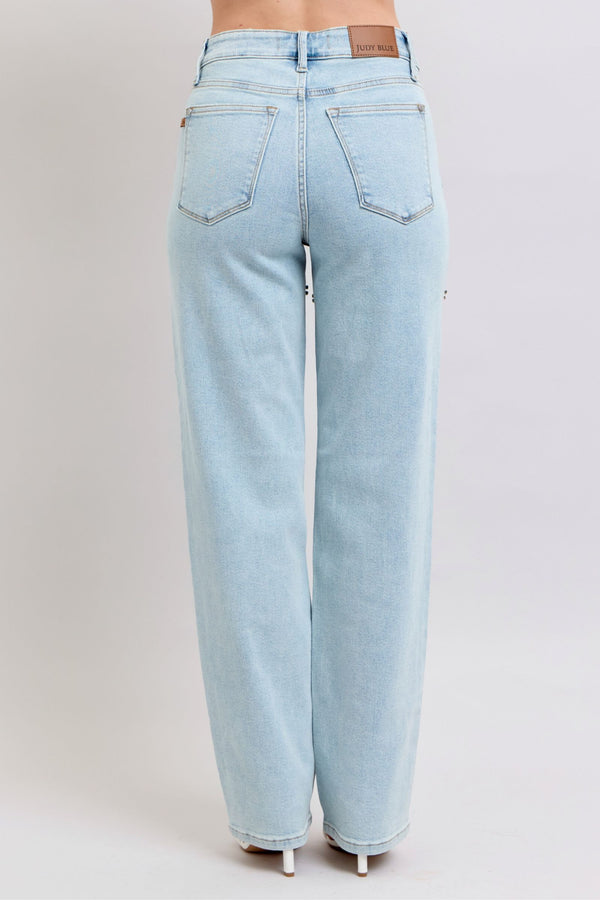 Hi Waist Rhinestone Slit Denim jeans for women, exclusive women's fashion from boutique, stylish and trendy summer collection.