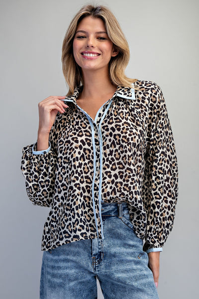 Collar Leopard with Blue Piping Detail Button Blouse