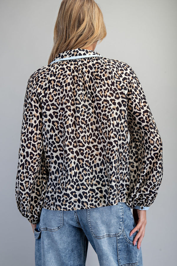Collar Leopard with Blue Piping Detail Button Blouse