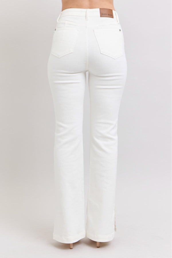 White high-waist slit slim boot jeans for women, perfect for summer collection boutique and new arrivals boutique.