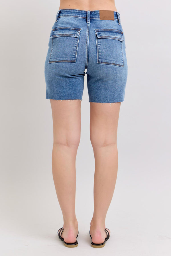 Back view of women's mid-rise Bermuda shorts with flap pockets, perfect for summer, part of new arrivals boutique collection.