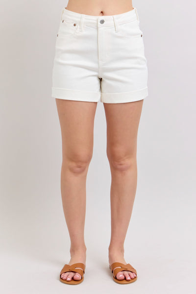 High Waist Cuff Shorts in white denim, perfect for summer outfits. Shop exclusive women's fashion at our boutique.