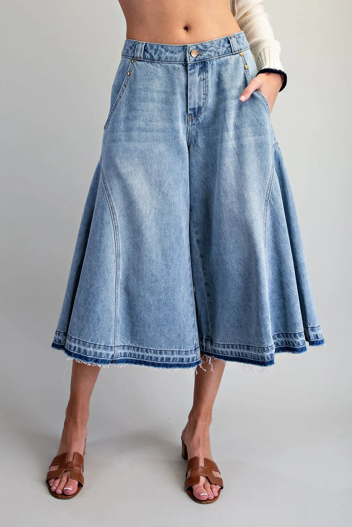 Raw Hem Panel Stitch Denim Culottes