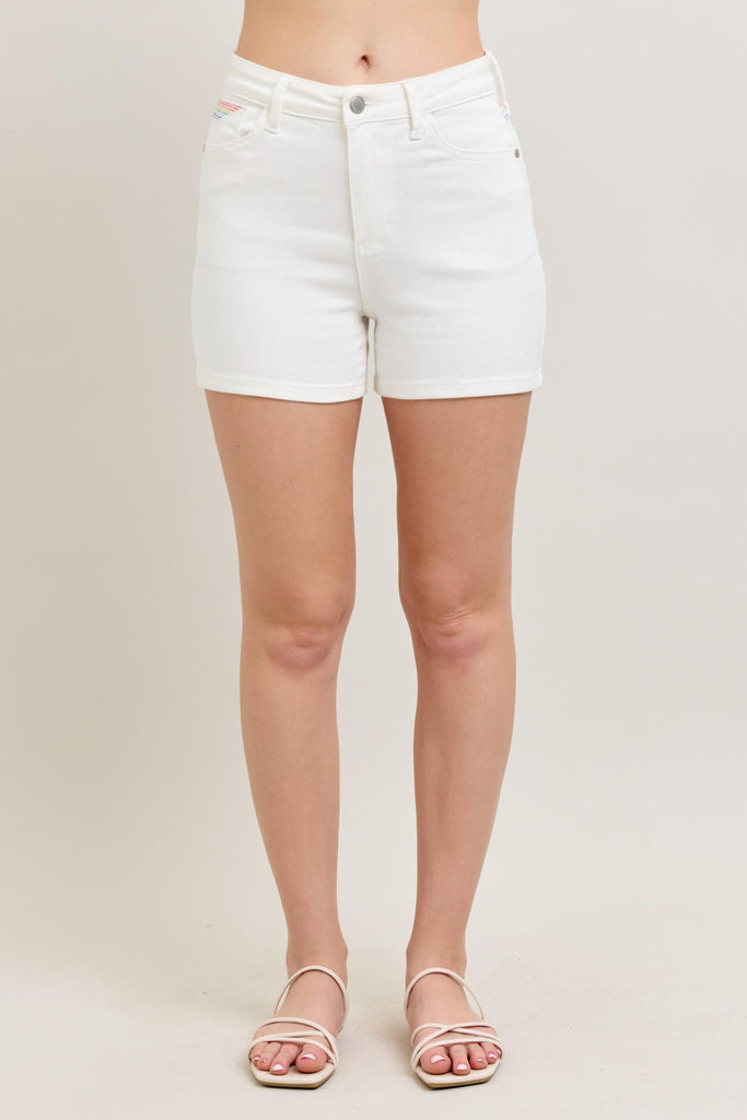 White high-waisted denim shorts with rainbow stitching, perfect for summer women's boutique clothing and new arrivals.