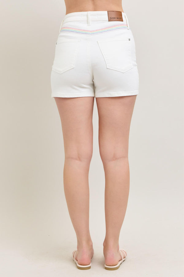 White high-waisted shorts with rainbow stitch detail, perfect for summer outfit from women's boutique clothing collection.