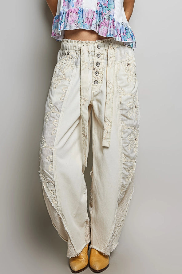 Ivory Floral Lace Barrel Leg Pants