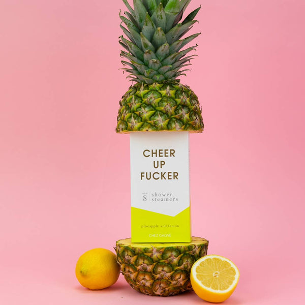 Cheer Up Fucker Shower Steamers with pineapple and lemon, perfect for uplifting vibes and self-care in summer collection boutique.