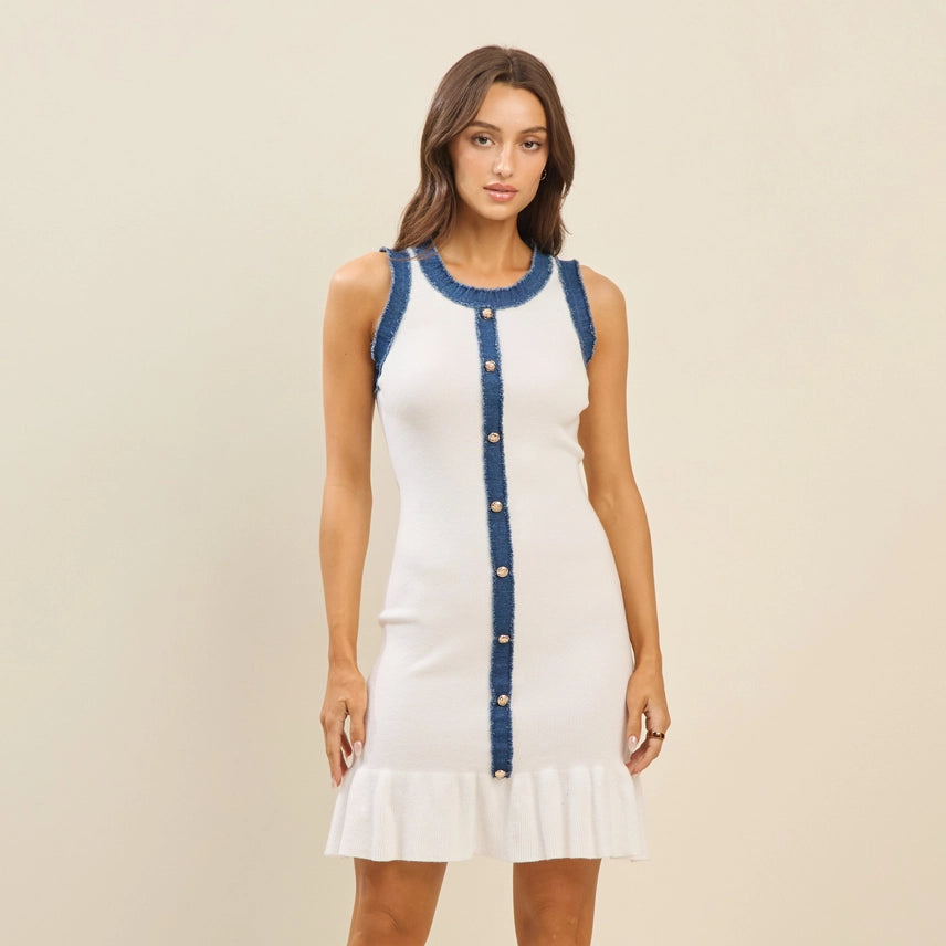 Sleeveless Frayed Denim Trim White Ruffle Hem Dress