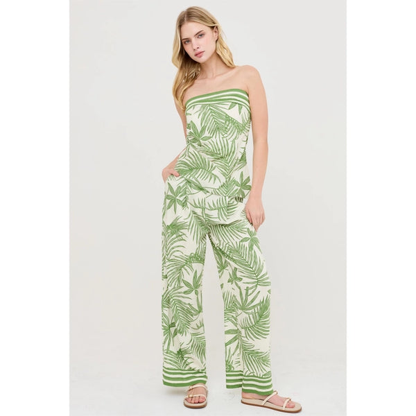 Fern Print Strapless Top & Wide-Leg Pants Set