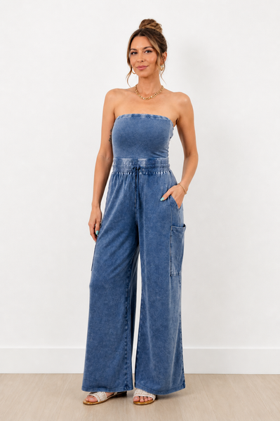 Mineral Wash Waist Tie Strapless Jumpsuit