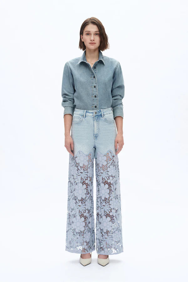 High Rise Rhinestone with Lace Wide Leg Denim