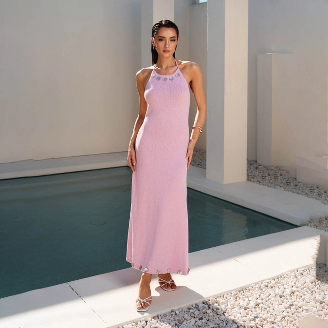 Pink Paradise Seashell Button Halter Maxi Dress