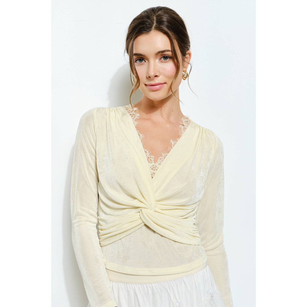 Butter yellow twist-front long sleeve top, perfect for women's boutique clothing and summer collection styles.