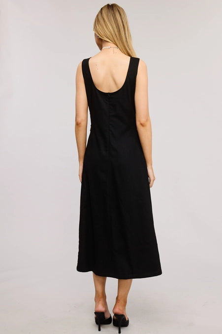 Midi Dress with Side O Ring Metal Accent Cut Out Black