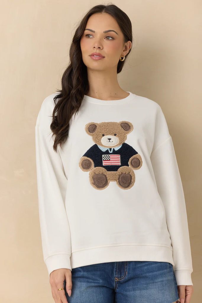 White Crew Sweater with Teddy Bear American Flag Applique