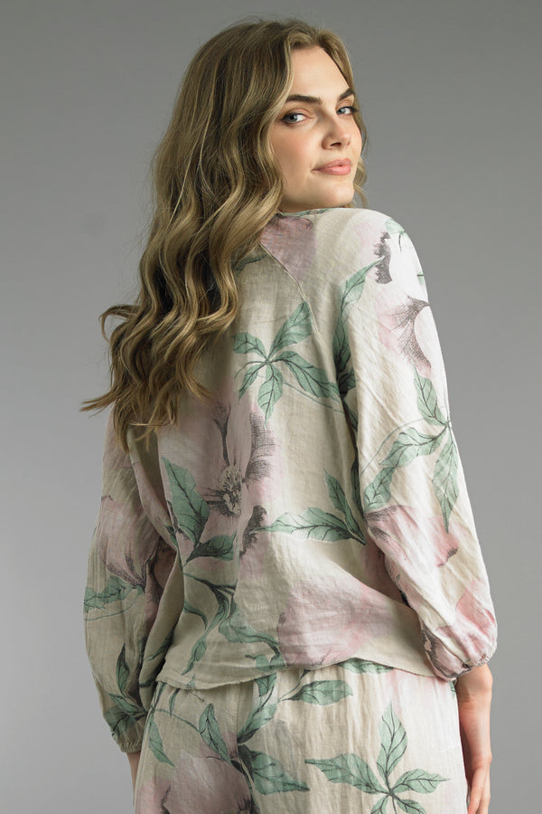 Printed Flower Tie Waist 3/4 Sleeve Top