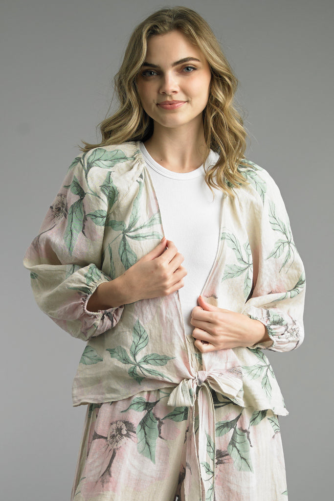 Printed Flower Tie Waist 3/4 Sleeve Top
