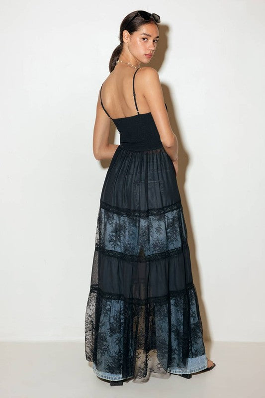 Midnight Whisper Lace Maxi Top: Black lace maxi dress with smocked bodice, sheer layered skirt for women's boutique clothing.