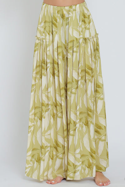 Lt Green Multi Fern Elastic Waist Wide Pants