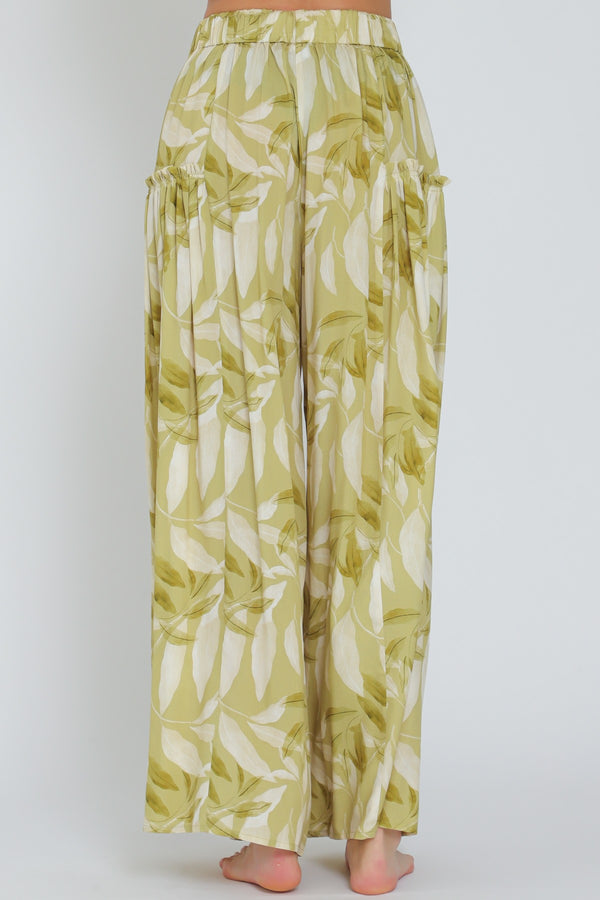 Lt Green Multi Fern Elastic Waist Wide Pants