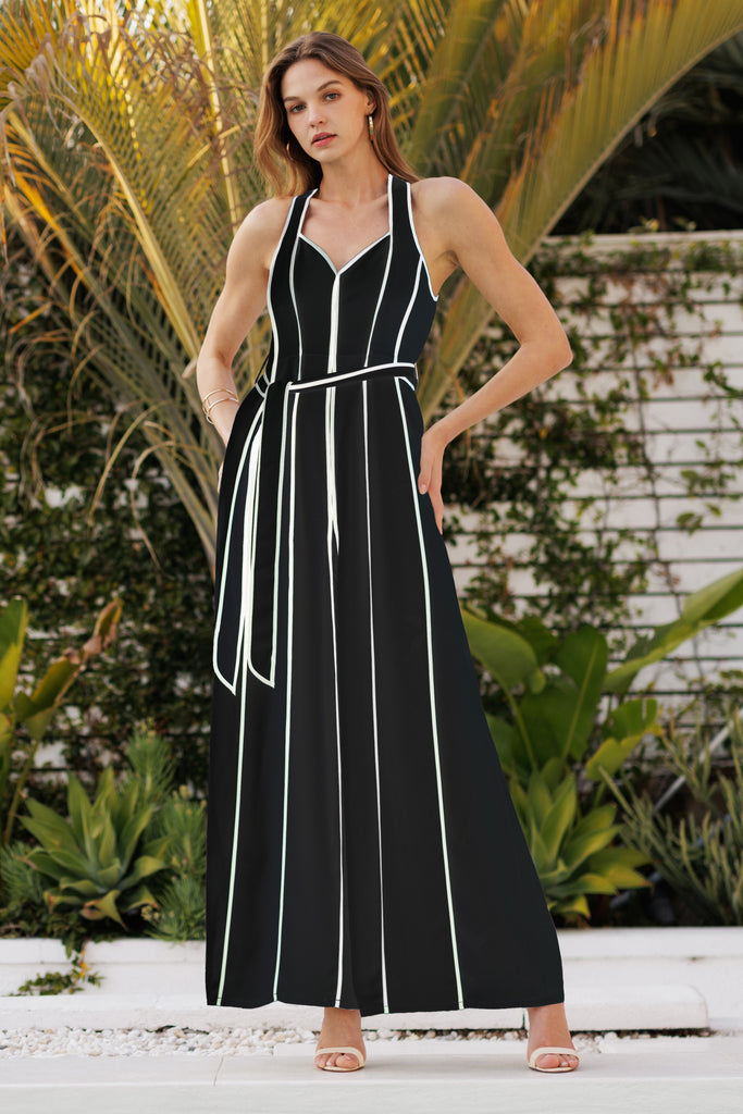 Black Halter Jumpsuit with White Piping Trim