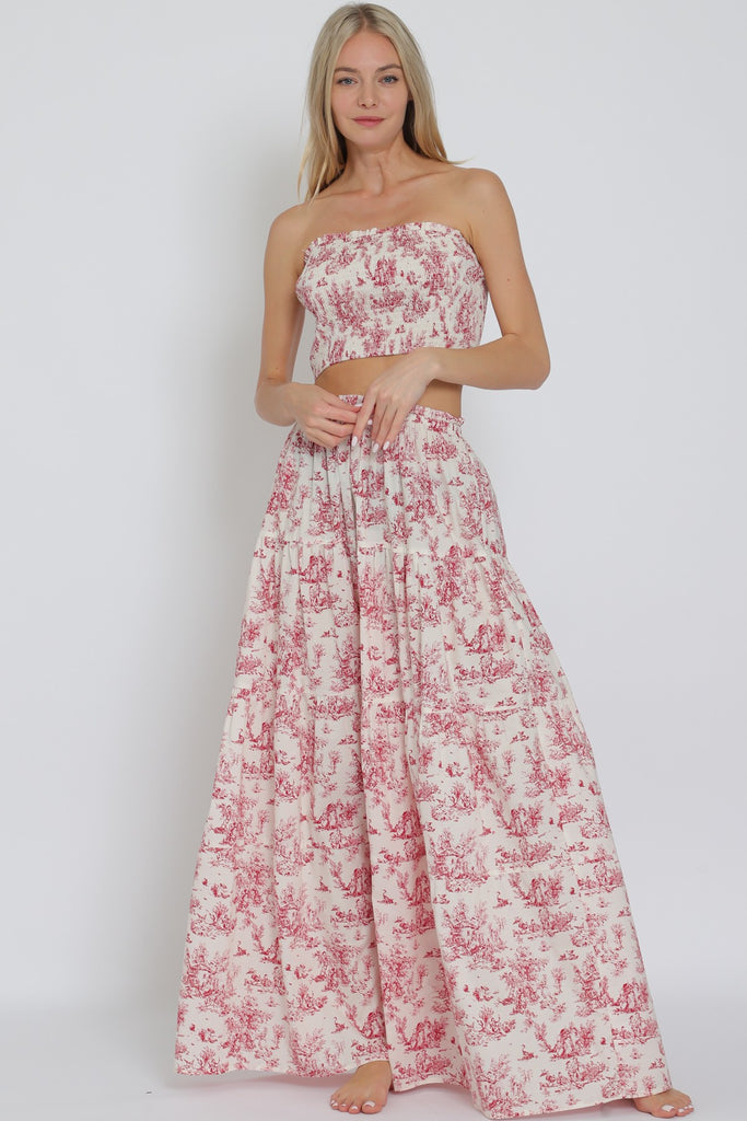 Red smocked tube top and tiered maxi skirt set for women's boutique clothing, perfect for summer collection and resort wear.