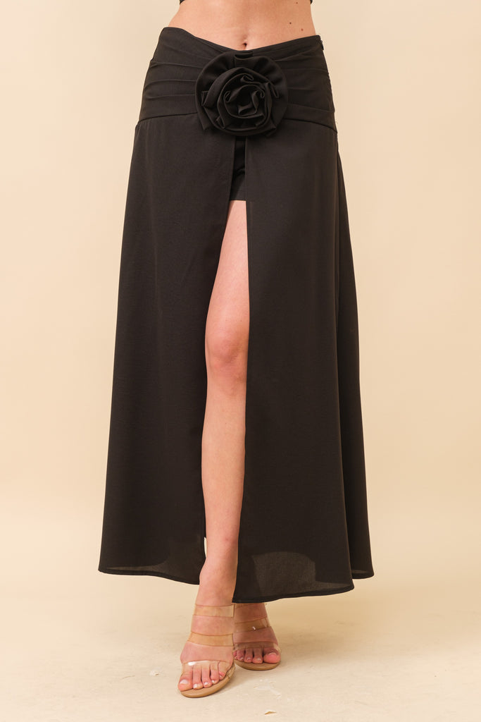 Front slit skirt with rose detail, perfect for women's boutique clothing and summer collection boutique.