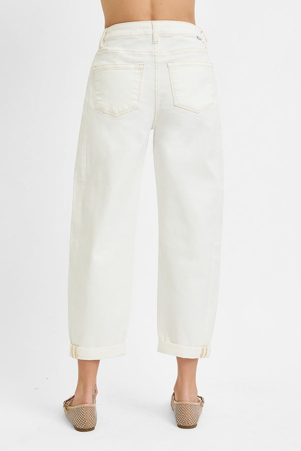 High rise cream barrel jeans featuring rolled cuff hem, ideal for summer collection boutique and new arrivals women's fashion.