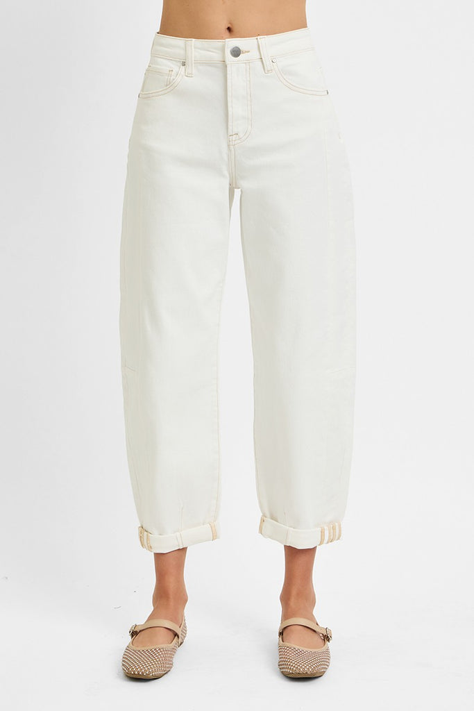 Cream high rise barrel jeans with cuffed hem, perfect for women's boutique clothing and summer collection boutique.