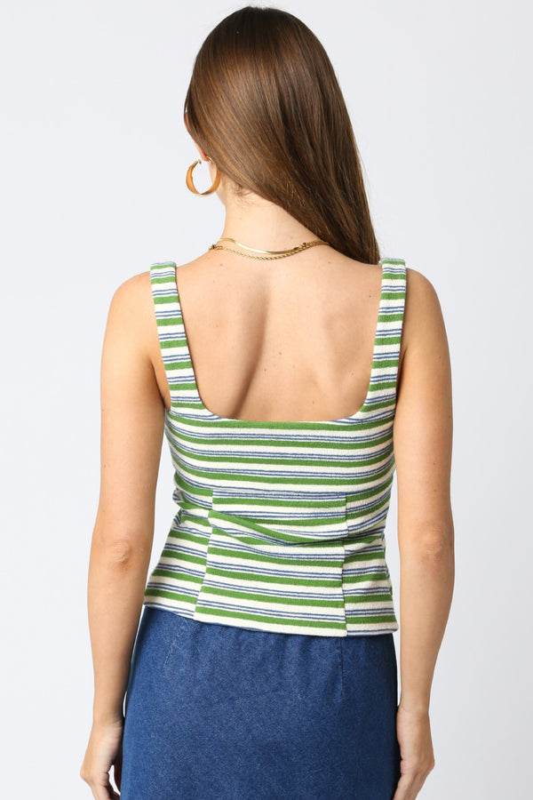 Back view of Stephy Stripe Green Sweater Knit Vest. Chic women's boutique clothing, perfect for summer collection outfits.