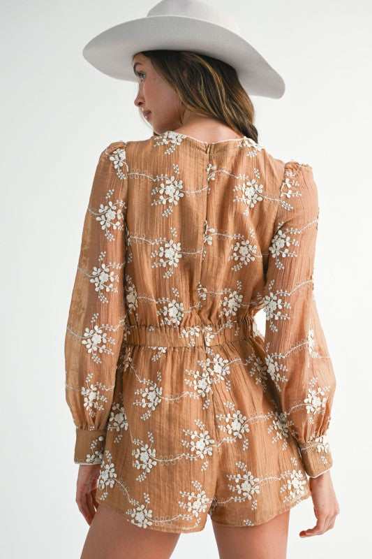 2Tone mocha floral embroidered chiffon romper for women, perfect resort wear from our summer collection boutique.