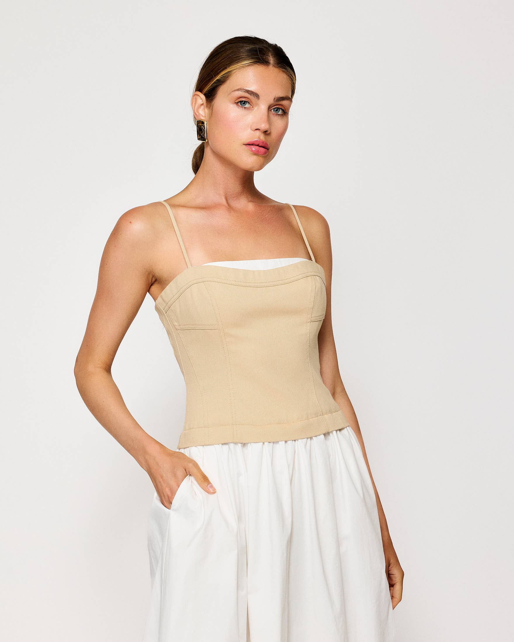 Anitha Dress beige and white, women's boutique clothing, perfect for summer events and vacation style.