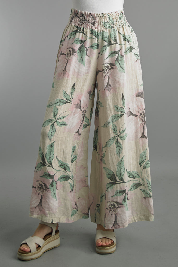 Smocked Waist Printed Flower Wide Leg Linen